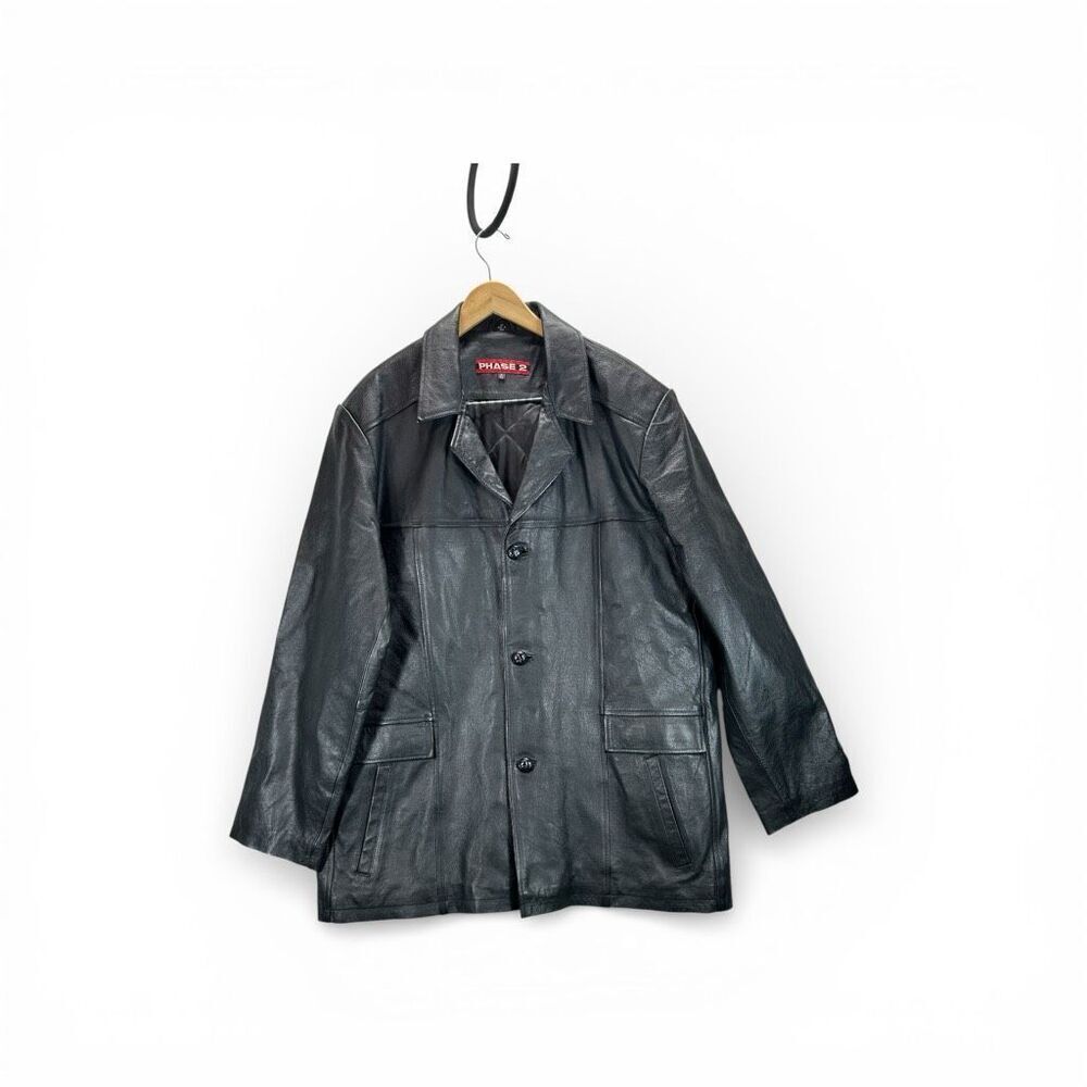 Vintage Phase 2 Black Leather Jacket XL Tall Button Front Classic